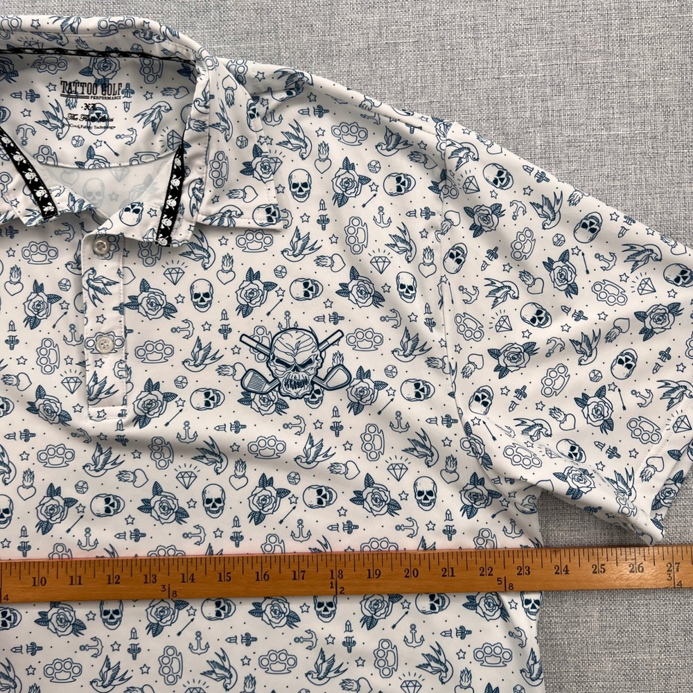 Tattoo Golf Flash Series Polo Shirt Skull Print Men XL White Golfcore Stretch - Picture 8 of 12